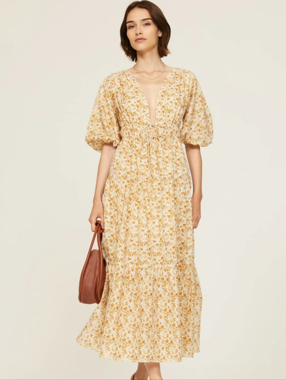 Significant Other Adele Yellow Romantic Floral Maxi Puff Sleeve Dress